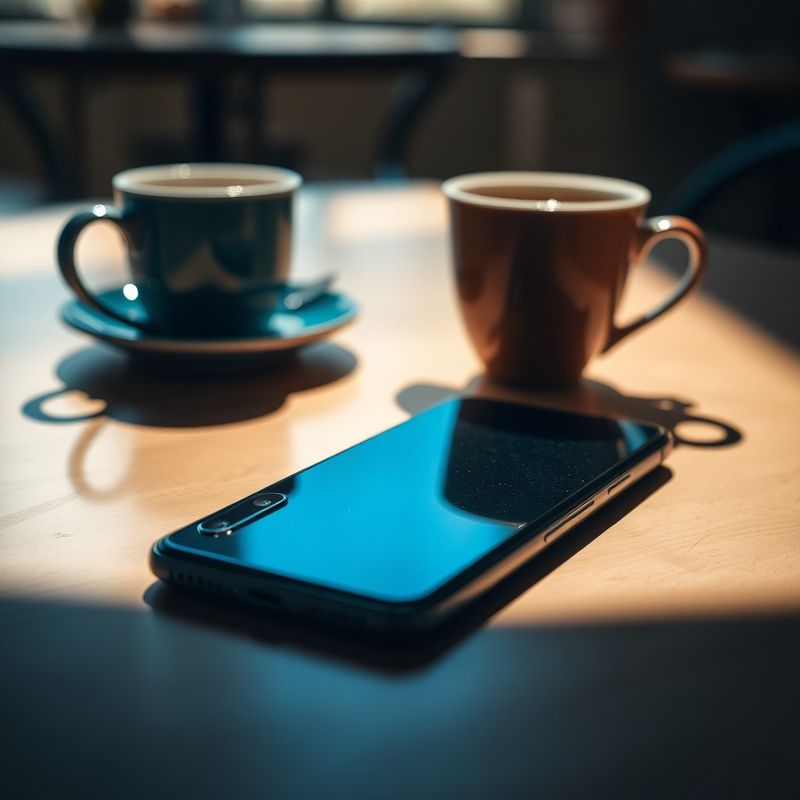 Pametni telefon okrenut licem prema stolu pored šalice kave, dramatično indigo osvjetljenje