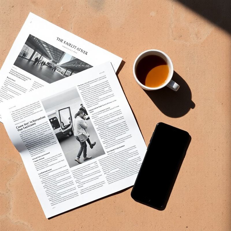 Editorial flat-lay: tiskani članci, šalica kave i pametni telefon na kamenoj podlozi